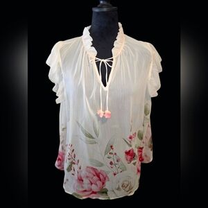 Rachel Zoe White Floral Blouse with Ruffles
